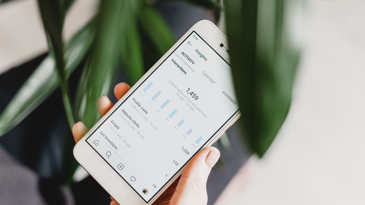 A smartphone showing insights statistics for a social media account