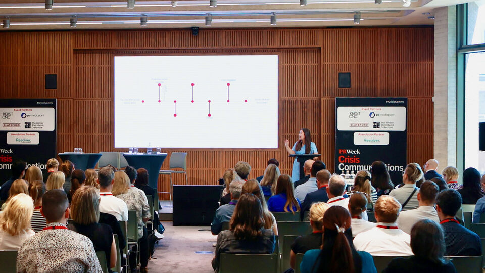 Jess Alden speaking at PR Week's crisis communications conference 2024