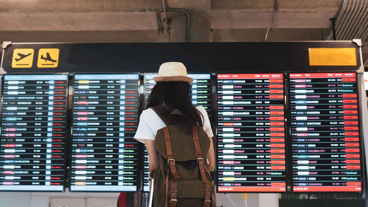 Traveller looks at departure boards